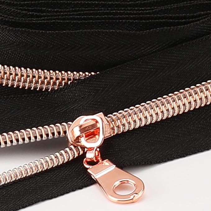 The Yards 10 Yards Bulk Black Nylon Coil Zipper with Rose Gold Teeth - Replacement Sewing Zipper with 10PCS Sliders for DIY Craft Bags