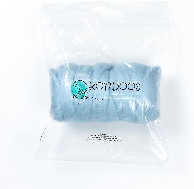 Kondoos Colored Natural Wool roving, 1 lb. Best Wool for Needle Felting, Wet Felting, handcrafts and Spinning. (Light Blue, 1 lb)