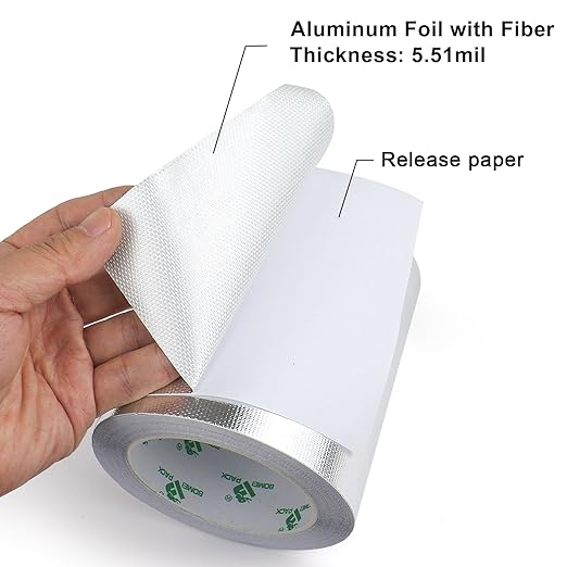 BOMEI PACK Adhesive Aluminum Foil Heat Shield Tape Barrier, Fiberglass Thermal Insulation Reflective Material High Temp Protection (5in*66ft)