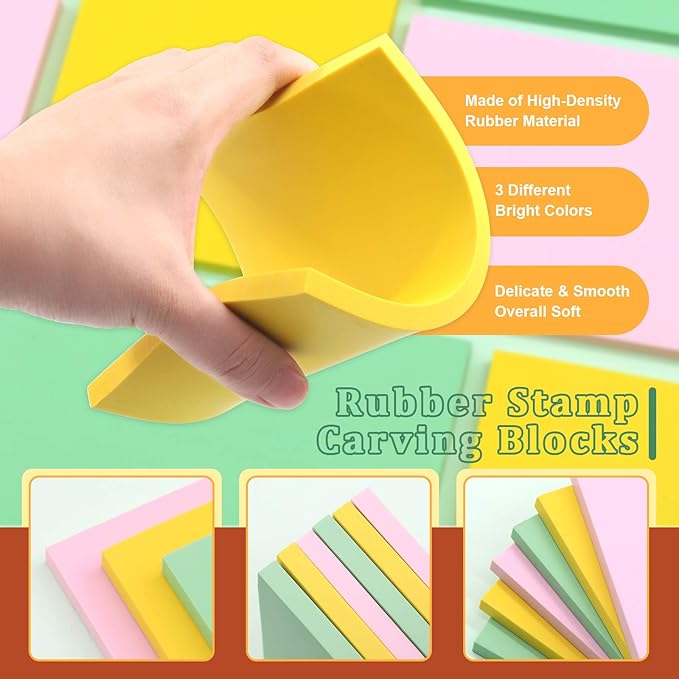 Keadic 12Pcs Soft Rubber Carving Blocks Kit, Comes with Linoleum Cutter Tools & 2 Inches Rubber Roller Brayer Rollers Glue Roller for Ink Paint Block Stamping, Printmaking Wallpaper and Arts & Crafts