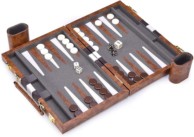 AMEROUS Backgammon Set, 11 Inches Classic Board Game withLeather Case, Folding Board, Gift Package, Portable Travel Strategy Backgammon Game Set for Adults, Kids (Small, Brown)