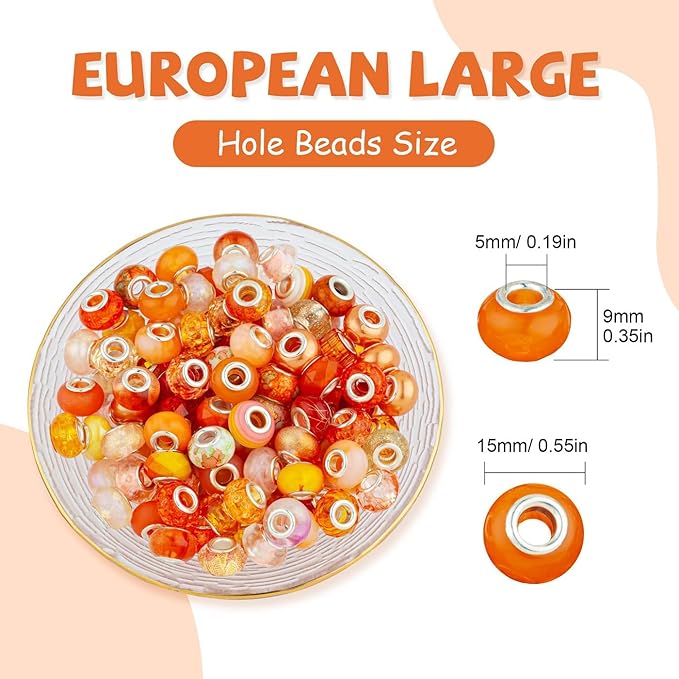 LAIDANLA Orange Mix Large Hole Beads, 100pcs 14mm x 5mm Round Resin, Plastic, Acrylic Loose Beads for Jewelry Making, DIY Gifts