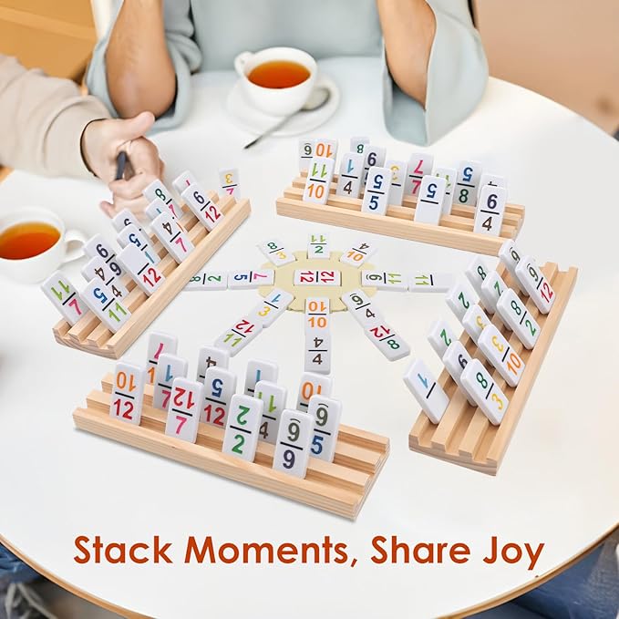 Mexican Train Dominoes Set Double 12 Colored Number Dominos with 8 Wooden Racks & 91 Tiles Portable Travel Case Classic Family Board Game Cognitive Strategy Game for Adults Kids