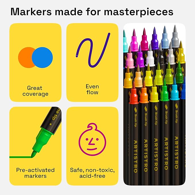 ARTISTRO 24 Dual-Tip Fabric Markers - Fabric Decorating Kit - Permanent for Clothes - Acrylic Paint Pens for Sneakers, Bags, Shoes, Textile, Canvas, Sewing, Craft, DIY, and More - Brush and Fine Tip