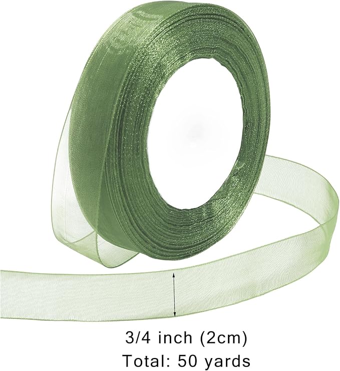 Ribbon for Gift Wrapping 3/4 inch Sage Green Sheer Organza Ribbon for Flower Bouquet Tulle Thin Chiffon Ribbons for Wedding Invitations Christmas Halloween Presents Decorations Crafts 50 Yards