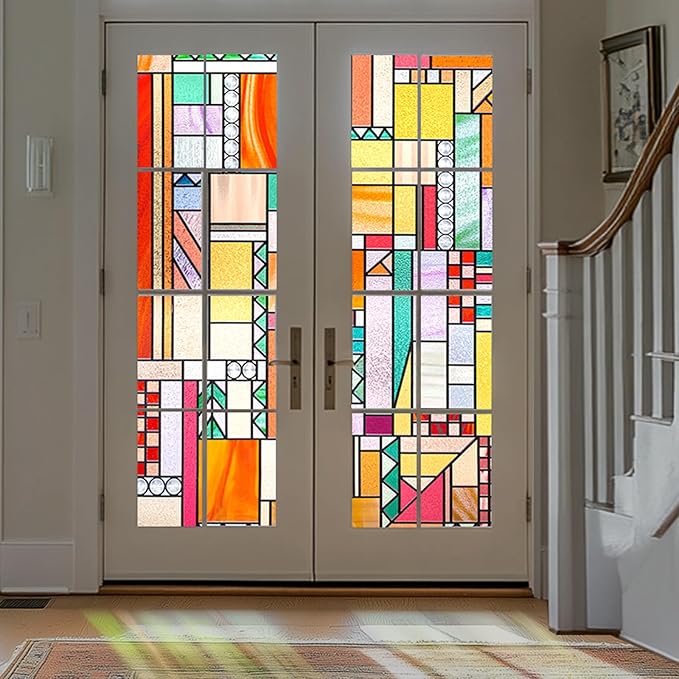 3D Stained Glass Window Privacy Film, Heat Control UV Blocking Static Cling Decorative Window Film for Bathroom,Front Door,Home Non Adhesive,16.9 x 78.7 inches Autumn Reverie