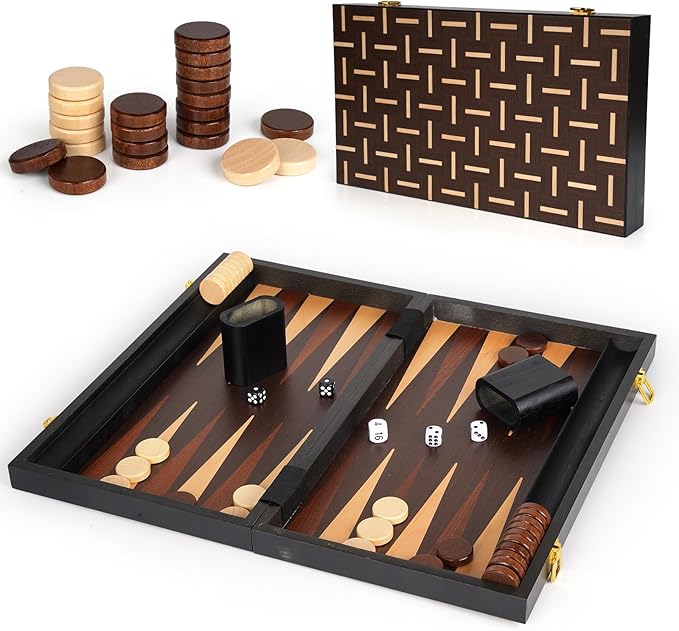 15" Wooden Backgammon Board Game Set for Adults and Kids - Portable and Travel Backgammon Set Family Game Night Vintage Backgammon Strategy Game- Classic Board Strategy Game