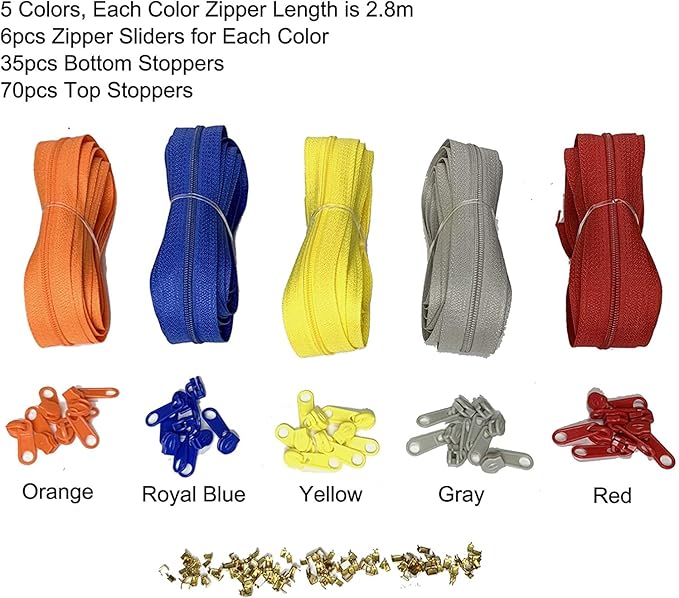 DOITEM Zipper Tape 3 mm Nylon Endless Zipper Set with Slider - 5 Colors