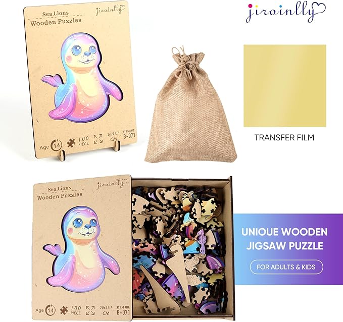 Wooden Puzzles for Adult and Kids, 100 Pieces Ocean Puzzle, Unique Shaped Sea Lions Wooden Preschool Puzzle, Toddler Wooden Puzzle Toy Gift for Family and Friends, Suitable for Family Games