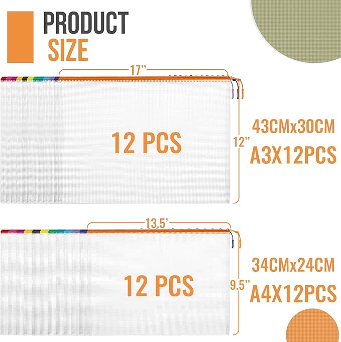 24pcs Mesh Zipper Pouch Bags, 12 Colors Extra Large 12PCS A3 and 12pcs A4, Puzzle Bag for Organizing, Classroom Must Have Storage Bag, File Bags for School, Board Games and Office Supplies