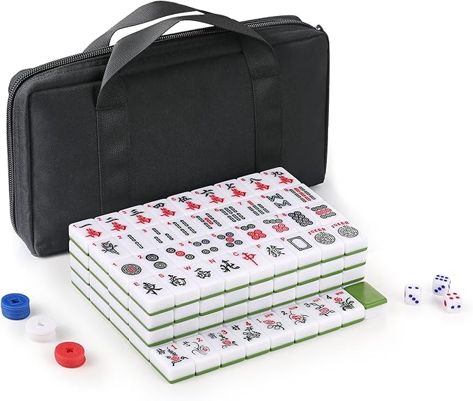 Chinese Mahjong Tile Set,144 Tiles White Green Melamine Tiles with Carrying Travel Case,Portable Mahjong Game Set