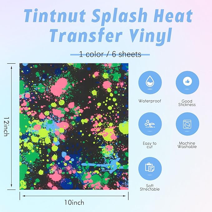 Tintnut Blue Splash HTV Transfer Vinyl - 6 Sheets 10"x12" Watercolor Patterned HTV Iron On Vinyl for T-Shirts & Hats