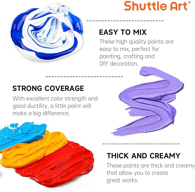 Shuttle Art Acrylic Paint, 42 Colors Acrylic Paint Set with 12 Brushes, 2oz/60ml Bottles, Rich Pigmented, Water Proof, Premium Paints for Artists, Beginners and Kids on Canvas Rocks Wood Ceramic