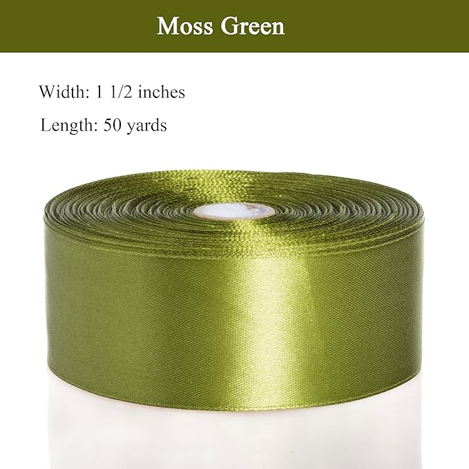 1 1/2 Inch Moss Green Solid Satin Ribbon, 50 Yards Craft Fabric Ribbon for Gift Wrapping Floral Bouquets Wedding Party Decoration