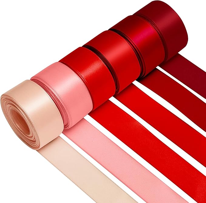 1 Inch Red Satin Ribbons for Crafts, 6 Rolls Single-Faced Red Assorted Ribbons for Gift Wrapping Flower Bouquet Wedding Invitations Bridal Shower Hair Bows Garland Party Decor