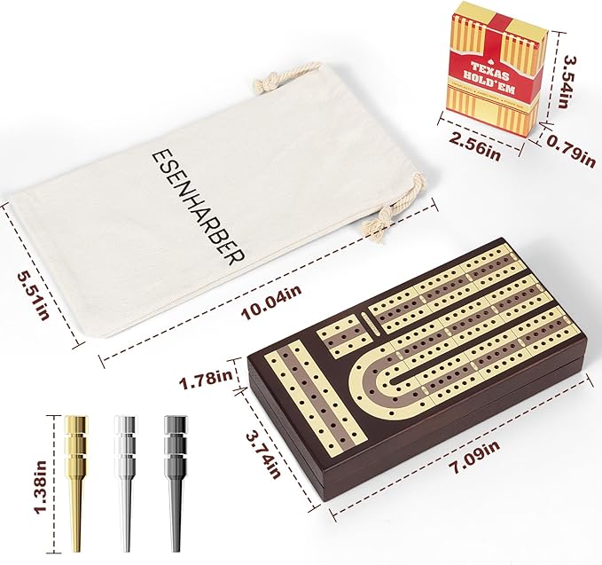 Foldable Wooden Cribbage Board Set - Elegant 3-Track Design with Magnetic Closure, 9 Metal Pegs, Full Deck of Cards, Perfect for Family Game Nights and Travel