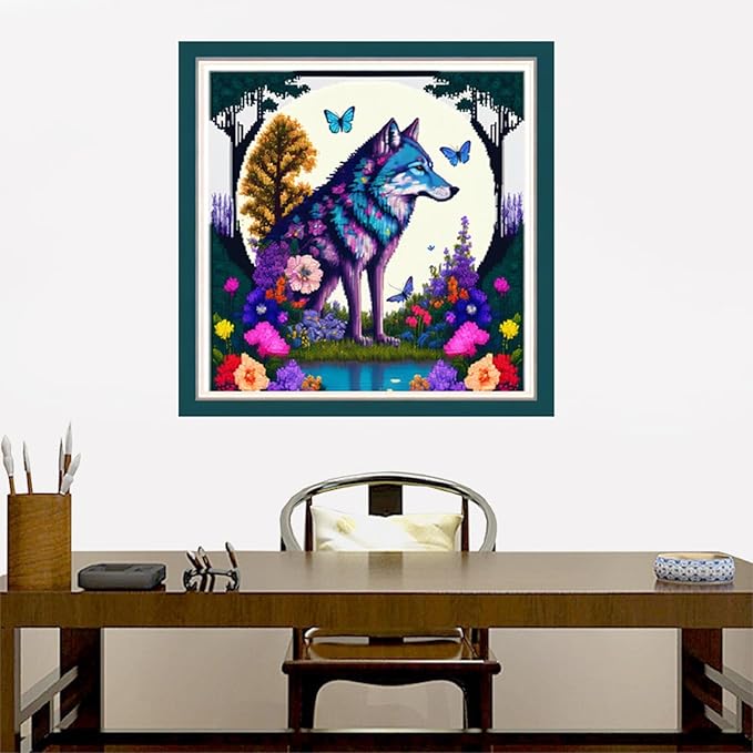 Joyhoor Cross Stitch Kits for Beginners Stamped Cross-Stitch Supplies Needlework preprint Embroidery Kits for Adults DIY Needlepoint Kits Embroidery Patterns 11CT-Wolf Butterfly 17.7x17.7 inch