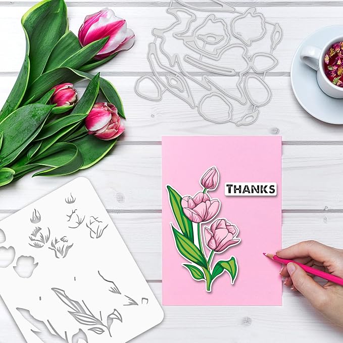 ORIGACH Realistic Tulips Stamps and Die and Layering Coloring Stencil Bundle for Card Making Album Arts Crafts Supplies