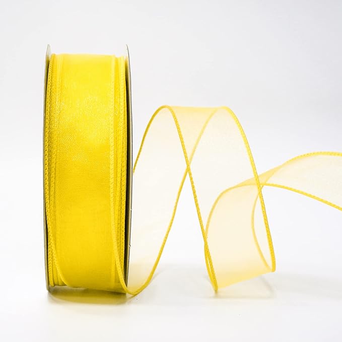 CT CRAFT LLC Sheer Organza Wired Ribbon 1.5" x 50Yards Yellow for Wedding Chair Bow Flora Bouquet Gift Wrapping Christmas Tree Home Decor Wreath
