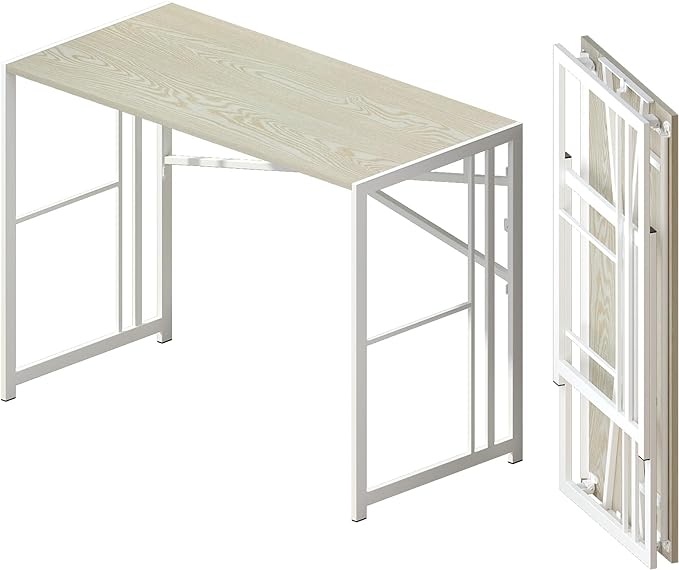 40 inch Folding Desk, Writing Gaming Computer Camping Desk, No Assembly Required Home Office Table, Natural and White
