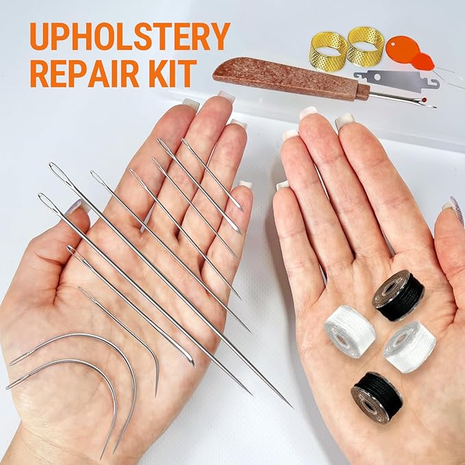 VONEEDL Heavy Duty Sewing Needles (11 PCS) & Waxed Thread (2 Black and 2 White Colors) - Upholstery Repair Kit for Leather, Canvas, Quilting & More