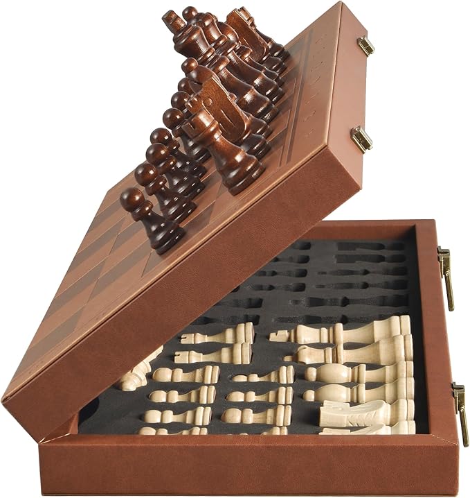 Magnetic Chess Set for Adult Kid, 15.4" Leather Chess Board with Handmade Chess Piece Including 2 Extra Queens and Storage Slot, Folding Portable Travel Chess Game for Beginner and Professional