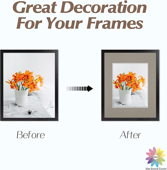 Mat Board Center, Pack of 10, 11x14 for 8x10 Middle Gray Color Mats - Bevel Cut, Acid Free, 4-ply Thickness, White Core - for Pictures, Photos, Framing