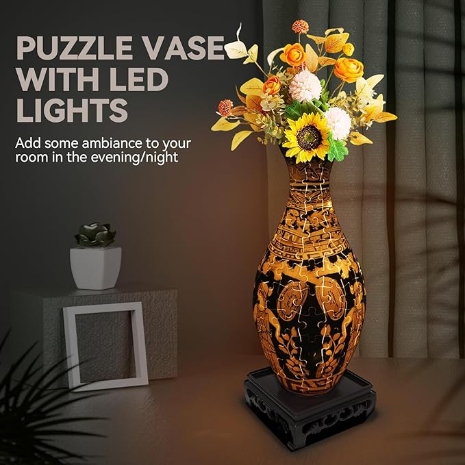 3D Puzzles Vase for Adults, 160 Pieces Plastic DIY Unique Flower Vase with LED Light, Crafts for Adults, Birthday Gifts House Warming Gift for Flower Arrangements and Home Decor (Brown)