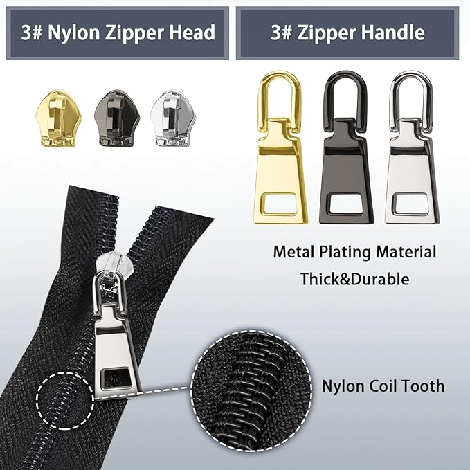 VICHERIA Zipper Repair Kit (45 Pcs), Universal Size #3 Zippers for Sewing, Replacement Slider Pull Fix Kit for Jackets, Coat, Boot, Backpack, Purse