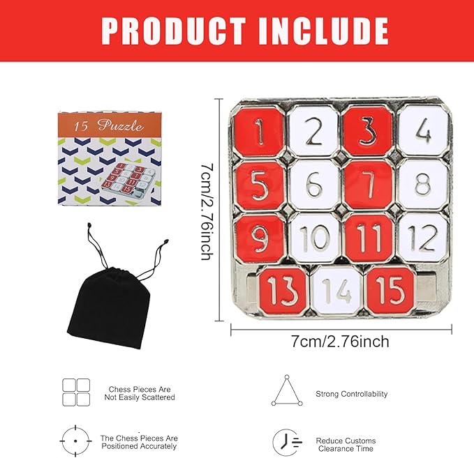 Metal Number Slide 15 Puzzle Red and White Number Sliding Puzzle Educational Learning Games Brain Teaser