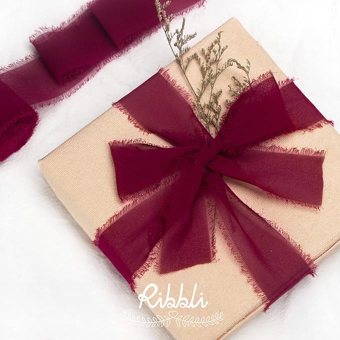 Ribbli Burgundy Chiffon Silk Ribbon, 1.5 inch x 30 Yard, Handmade, Fringe, Wedding Invitations, Gift Wrapping, Bridal Bouquets, Flower Arrangement