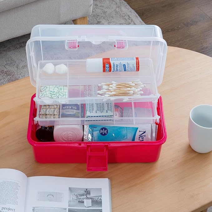 MyGift 13-Inch Dark Pink Plastic Craft Organizer and Storage Box – Clear Carrying Case with Latching Lid & 2 Expandable Trays for Sewing, Tools, First Aid, and Art Supplies