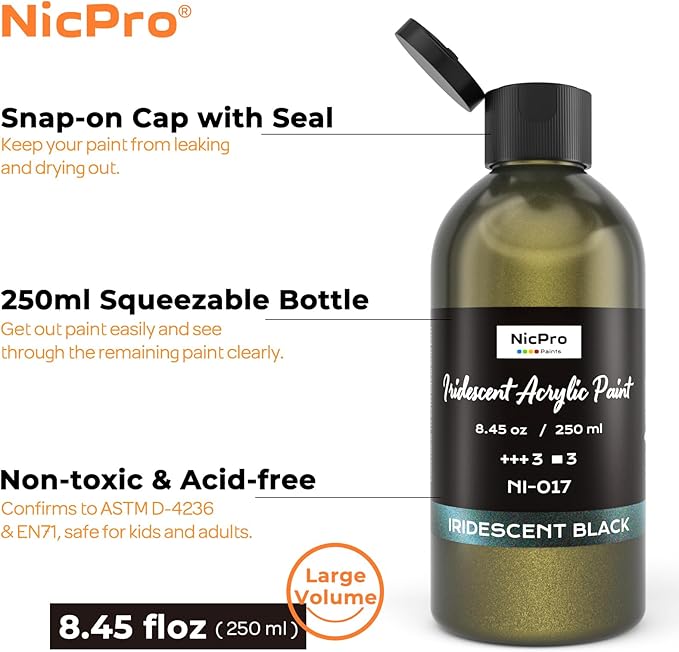 Nicpro Iridescent Black Acrylic Paint, 8.45oz / 250ml Large Bottle Black Metallic Acrylic Paint, Color Shifting & Non-Toxic Art Painting Supplies For Craft Canvas Fabric Rock Wood Ceramic Metal