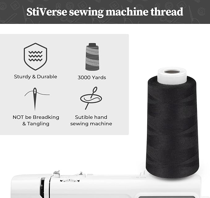 Serger Thread 4 Cones 3000 Yards Each Spool All Purpose Polyester Thread 40S/2 for Sewing, Serger, Overlock, Quilting, Piecing - Black, HY1256