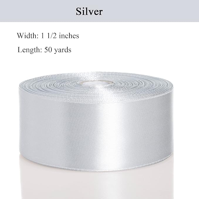 1 1/2 Inch Silver Solid Satin Ribbon, 50 Yards Craft Fabric Ribbon for Gift Wrapping Floral Bouquets Wedding Party Decoration