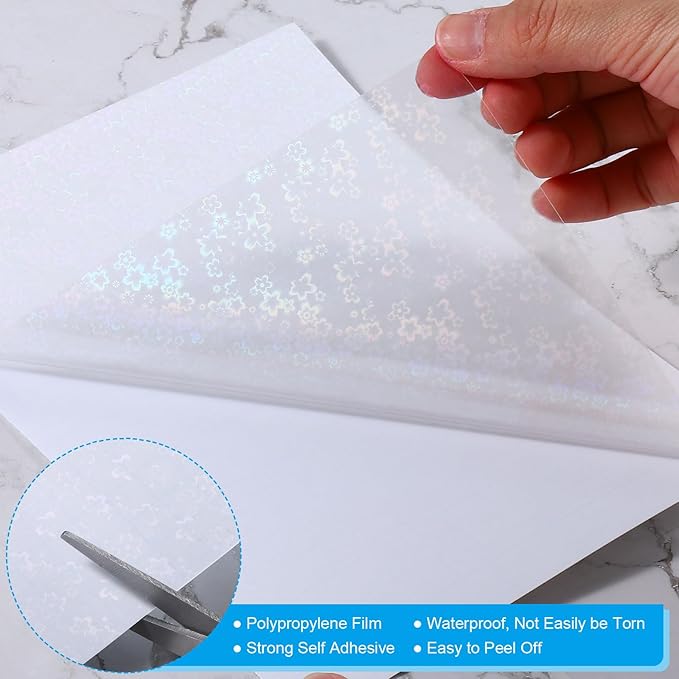 PATIKIL 11.7x8.3" Holographic Sticker Paper, 10Sheets A4 Polypropylene Self-adhesive Transparent Waterproof Laminate Overlay Film for Photo Cards Scrapbook Decorations, Flower
