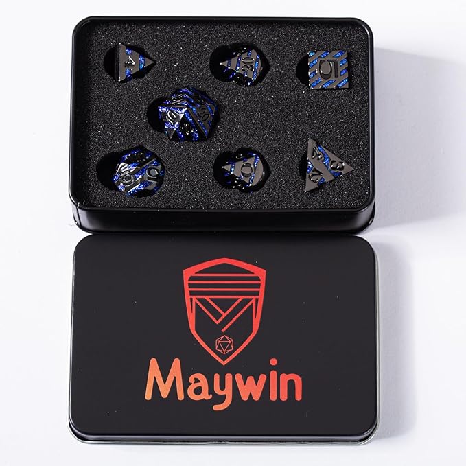 Metallic Glitter Stripes D&D Dice Set,7 PCS Polyhedral Dice with Gift,RPG Metal Dice Set Dungeons and Dragons Tabletop Game (Black Nickel Sapphire Blue)