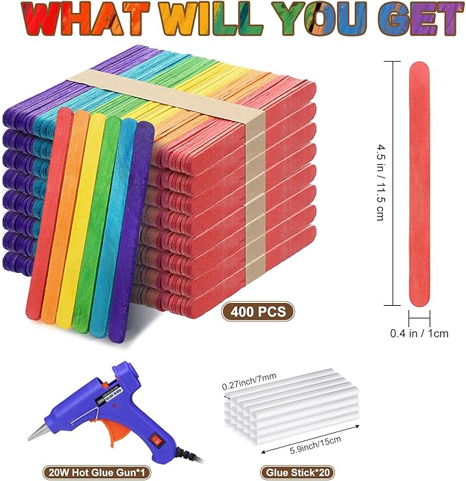 4.5 inch Colored Wooden Sticks Kits, 400PCS Colorful Rainbow Treat Sticks Bulk with Hot Glue Gun and Sticks for Craft Popsicle Home Decoration Project Building Model Kid Classroom Art Craft Supplies