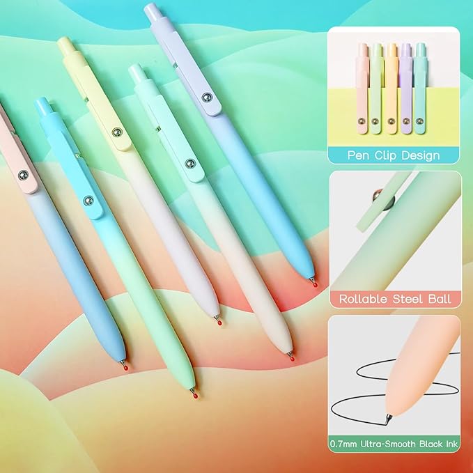 Gel Pens, 10 Pcs Black Ink Pens for Women, 0.7mm Medium Point Smooth Writing Pens with Silicone Grip, High-End Series Metal Clip Retractable Pens for Journaling Note Taking (10 Pcs Pastel)