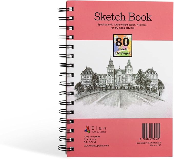 Elan A5 Sketchbook, 80 Sheets Italian Paper 80 lb/120 GSM, Acid-Free Sketch Book 8.3x5.8 Inch, White Drawing Paper Pad, Spiral Bound Sketchbook A5