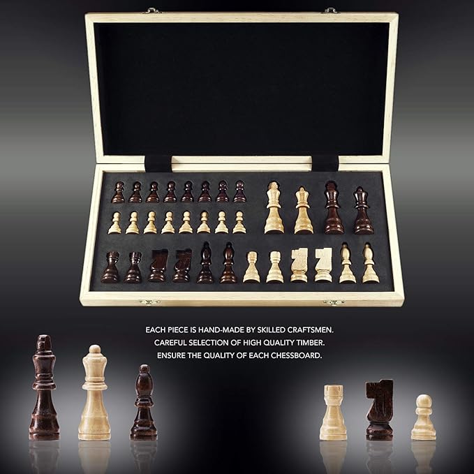 AMEROUS Chess Set, 15"x15" Folding Magnetic Wooden Standard Chess Game Board Set with Wooden Crafted Pieces and Chessmen Storage Slots
