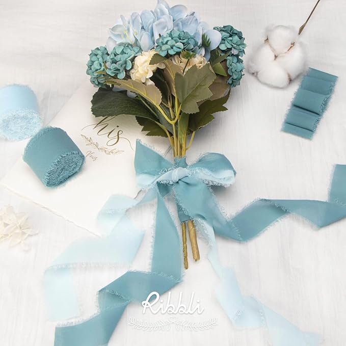 Ribbli Deep Sea Blue Chiffon Ribbon 1-1/2 inch x 20 Yard Handmade Fringe Chiffon Silk Ribbon,Blue Ribbon for Wedding Invitations, Bridal Bouquets Wrapping, Flower Arrangement Decoration