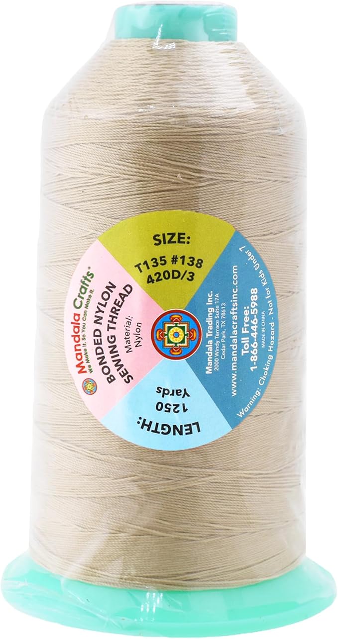 Mandala Crafts Bonded Nylon Thread Cream Heavy Duty Sewing Threads - 1250 YDs Size 138 420D T135 Tex 135 Thread for Leather Jeans Weaving Outdoor Marine Upholstery Threads