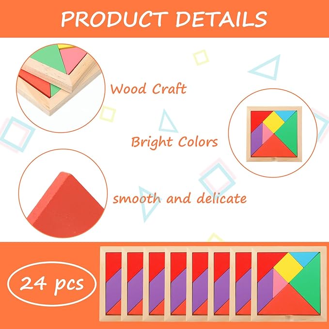 Syhood 24 Pieces Tangrams Puzzles for Students Party Favors Wooden Tangram Pattern Blocks Brain Logic Blocks for Manipulatives Games Educational Gifts and Party Favors(Bright)