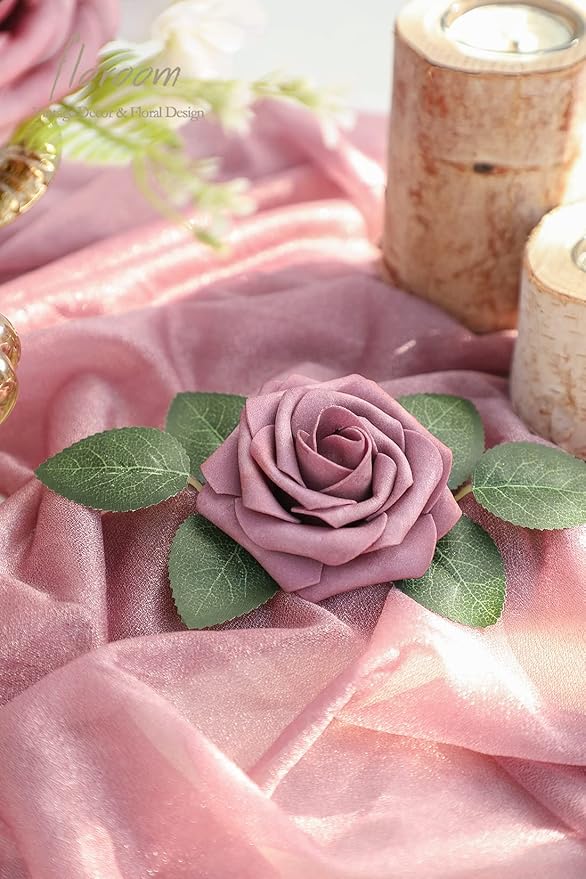 Floroom Artificial Flowers 25pcs Real Looking Mauve Ombre Colors Foam Fake Roses with Stems for DIY Wedding Bouquets Bridal Shower Floral Centerpieces Party Tables Home Decorations
