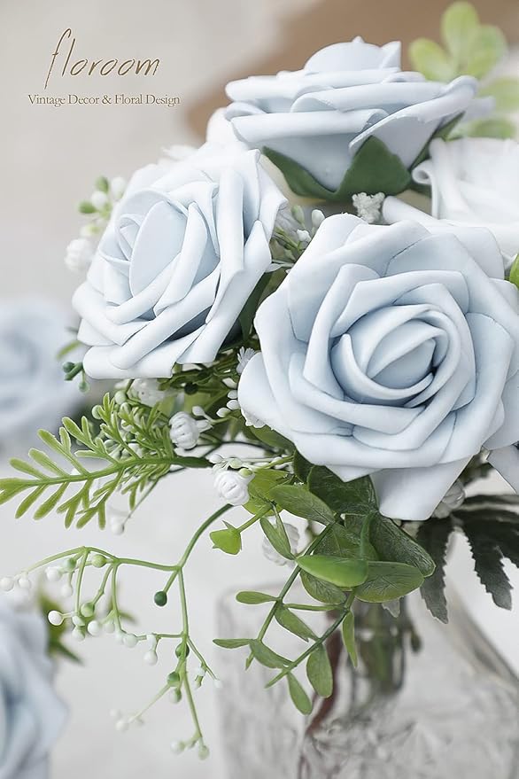 Floroom Artificial Flowers 50pcs Real Looking Powder Blue Foam Fake Roses with Stems for DIY Wedding Bouquets Bridal Shower Centerpieces Floral Arrangements Party Tables Home Decorations