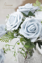 Floroom Artificial Flowers 50pcs Real Looking Powder Blue Foam Fake Roses with Stems for DIY Wedding Bouquets Bridal Shower Centerpieces Floral Arrangements Party Tables Home Decorations