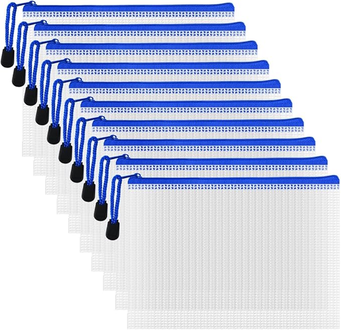 AUSTARK 10 Pcs Zipper File Bags, Waterproof Plastic Mesh Pouch for Office School, Board Game Storage Bags (B6 Size 7.6''x5.3'', White and Blue)