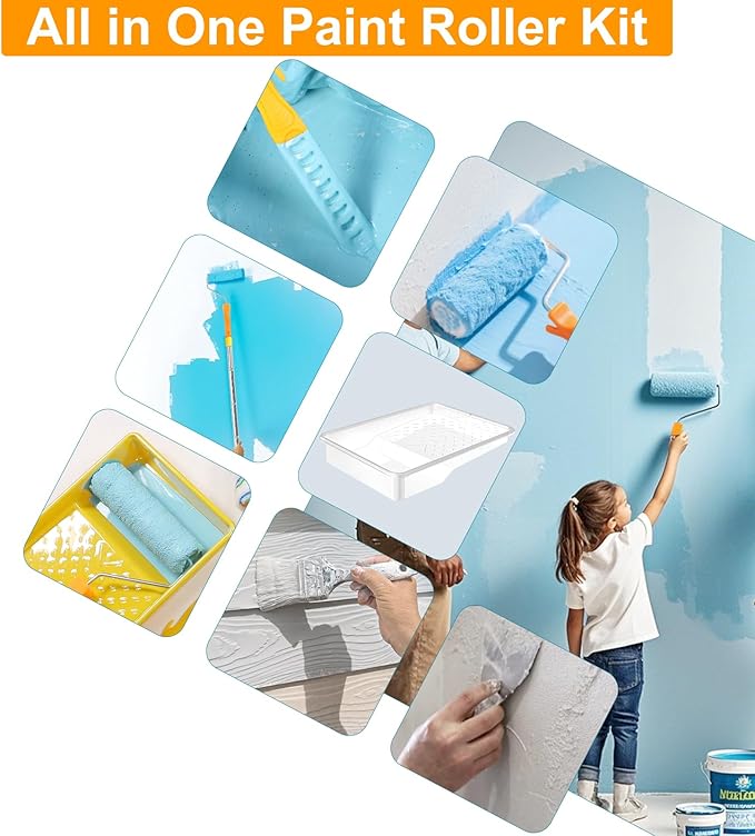 Paint Roller Kit with Extension Pole, Paint Brushes Set for Walls, Painting Supplies for Home Interior with Paint Brush, Paint Rollers, Paint Tray, Paint Tray Liner, Scraper etc.