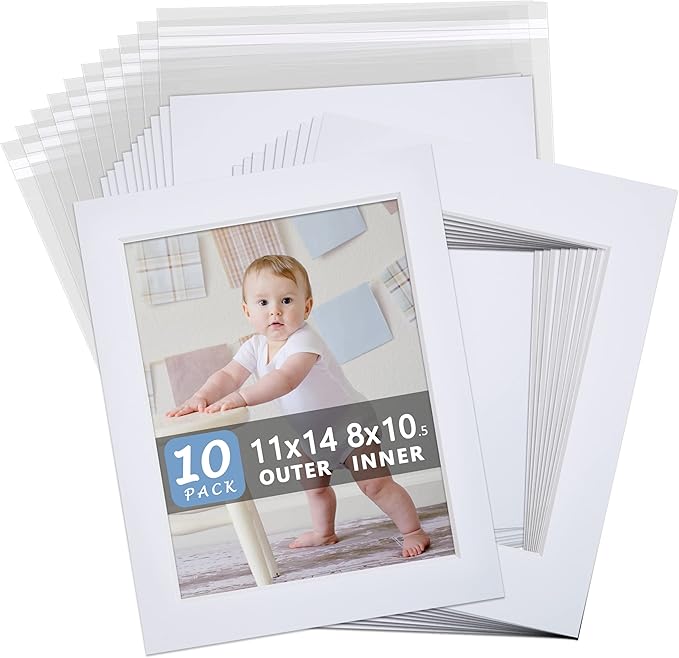 Somime 10 Pack White Photo Board 11x14 Mat for 8.5x11 Photo Mat, White Core Bevel Cut 11x14 Matted Picture Frame Mat Kit Includes 10 Pre Cut Frame Mats & 10 Acid Free Backers & 10 Clear Seal Bags